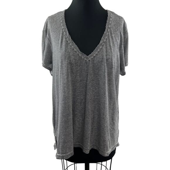 Wilt Tops - Wilt Black White Top Cotton Striped Ribbed V-Neck Short Sleeve Size Large L USA